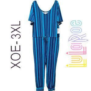 Lularoe Xoe Romper Jumpsuit Tied Waist with Pockets Size 3XL Blue Striped NWT